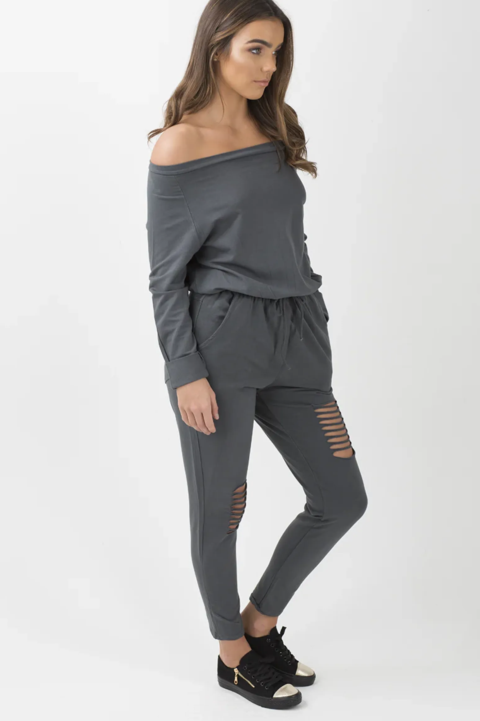 Rebellious Fashion Charcoal Bardot Distressed Jumpsuit - Bethan