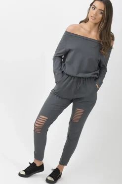Rebellious Fashion Charcoal Bardot Distressed Jumpsuit - Bethan