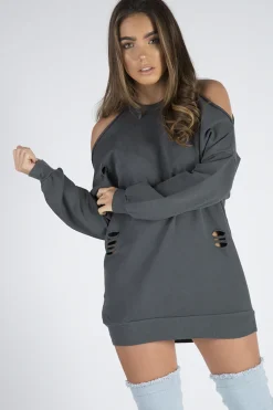 Rebellious Fashion Charcoal Cold Shoulder Distressed Jumper Dress - Kylie