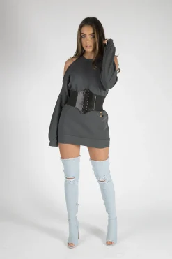 Rebellious Fashion Charcoal Cold Shoulder Distressed Jumper Dress - Kylie