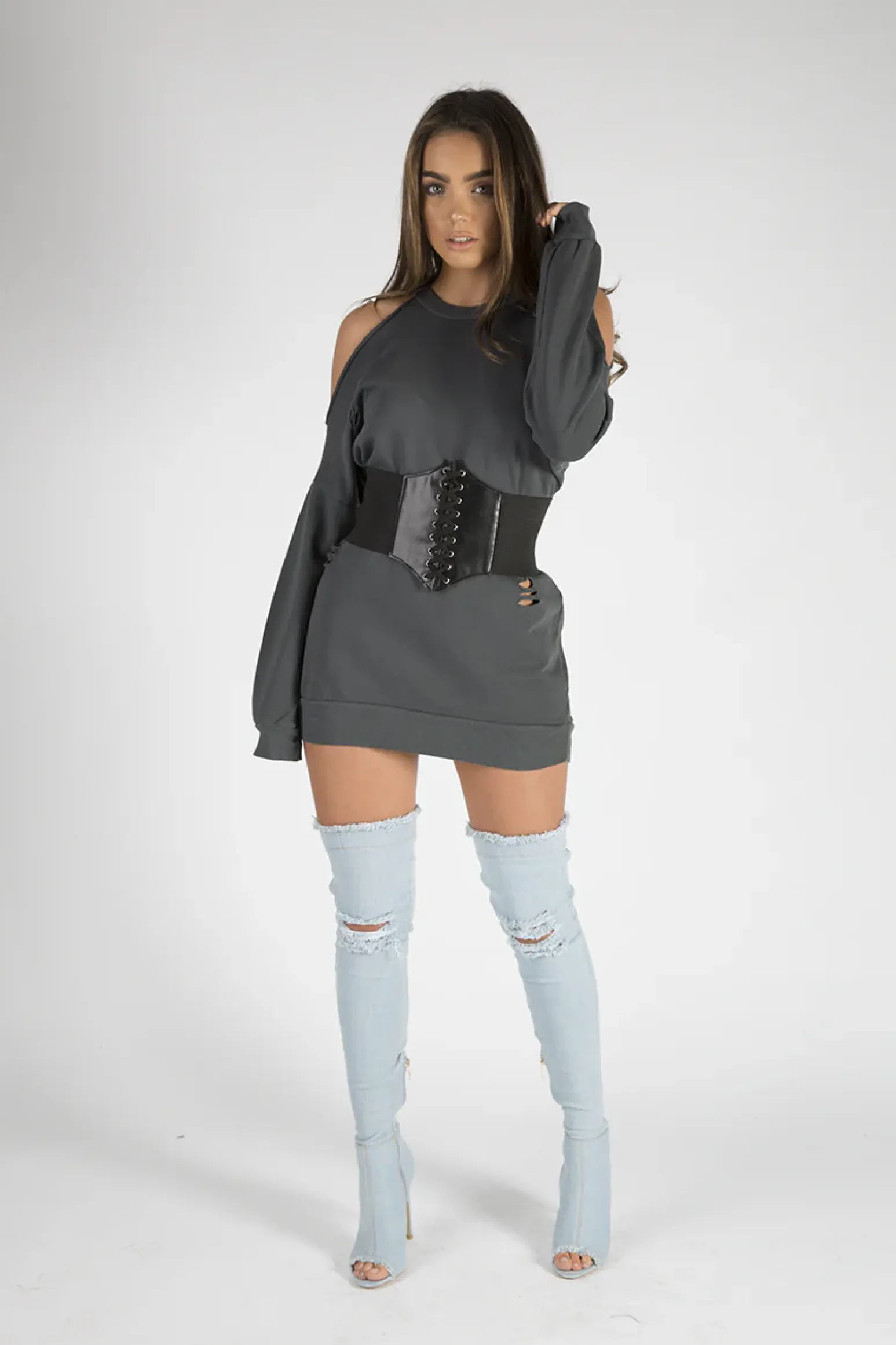 Rebellious Fashion Charcoal Cold Shoulder Distressed Jumper Dress - Kylie