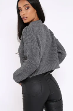 Rebellious Fashion Charcoal Cropped Knitted Jumper - Hennie