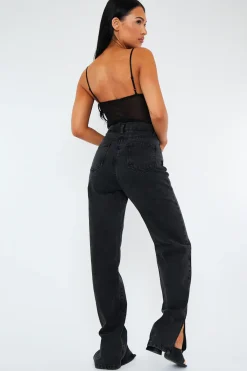 Rebellious Fashion Charcoal Denim Straight Leg Side Split Jeans - Tashi