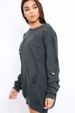Rebellious Fashion Charcoal Distressed Detail Sweatshirt Jumper Dress - Ivy