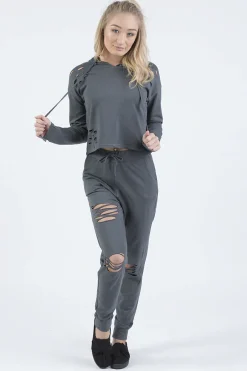 Rebellious Fashion Charcoal Distressed Hoodie Tracksuit - Mollie