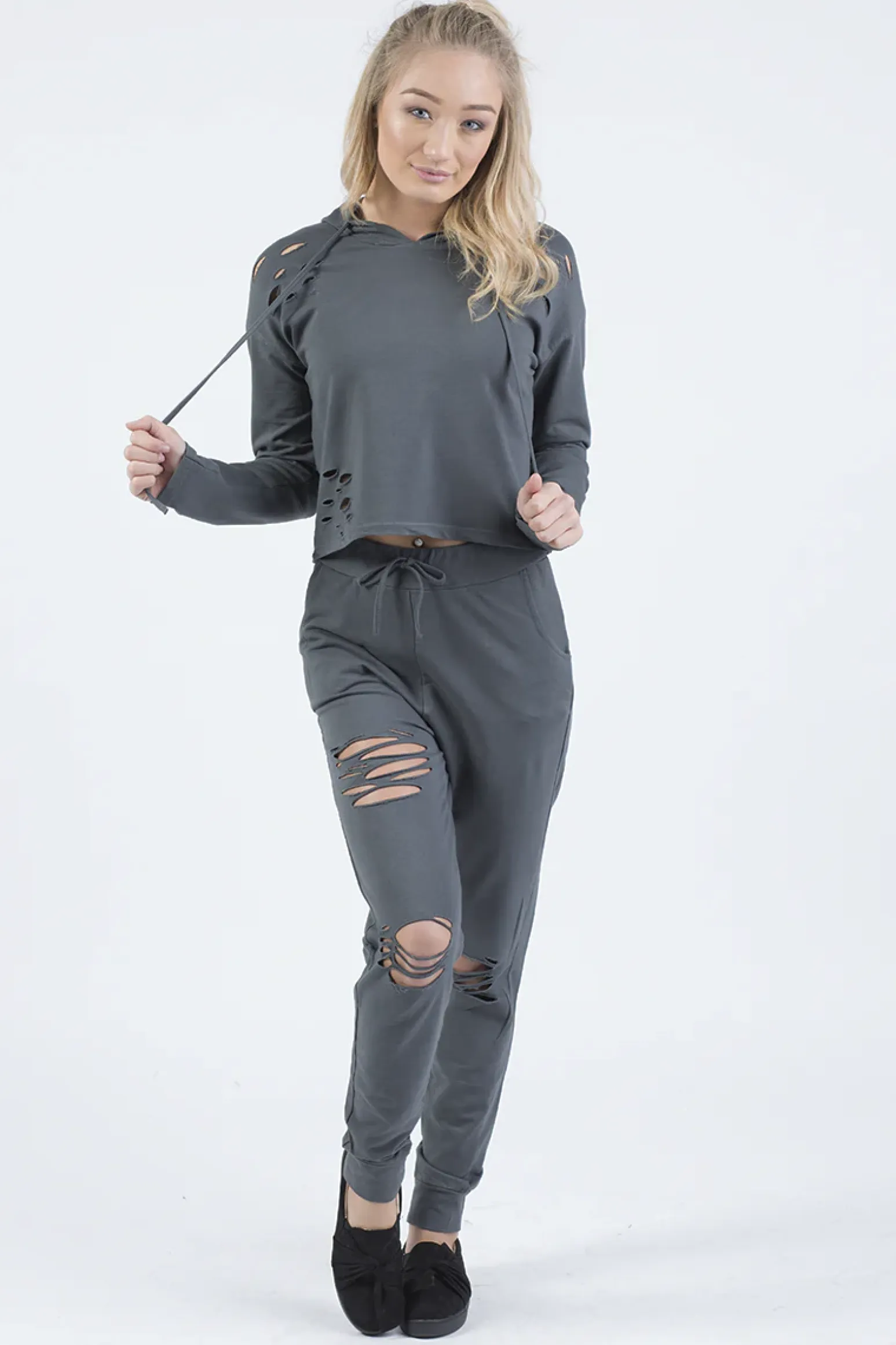 Rebellious Fashion Charcoal Distressed Hoodie Tracksuit - Mollie