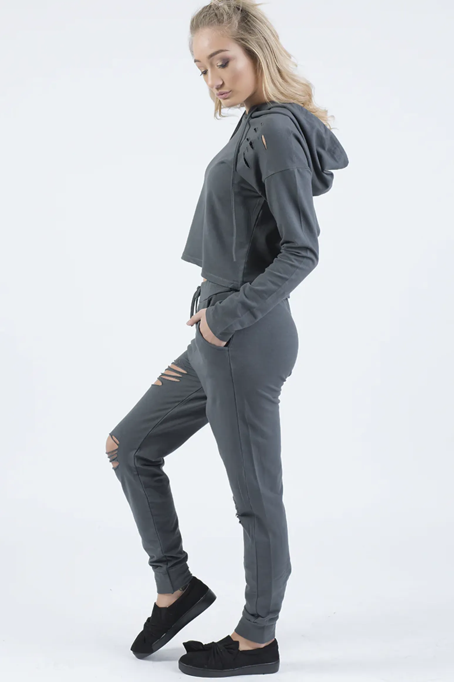 Rebellious Fashion Charcoal Distressed Hoodie Tracksuit - Mollie