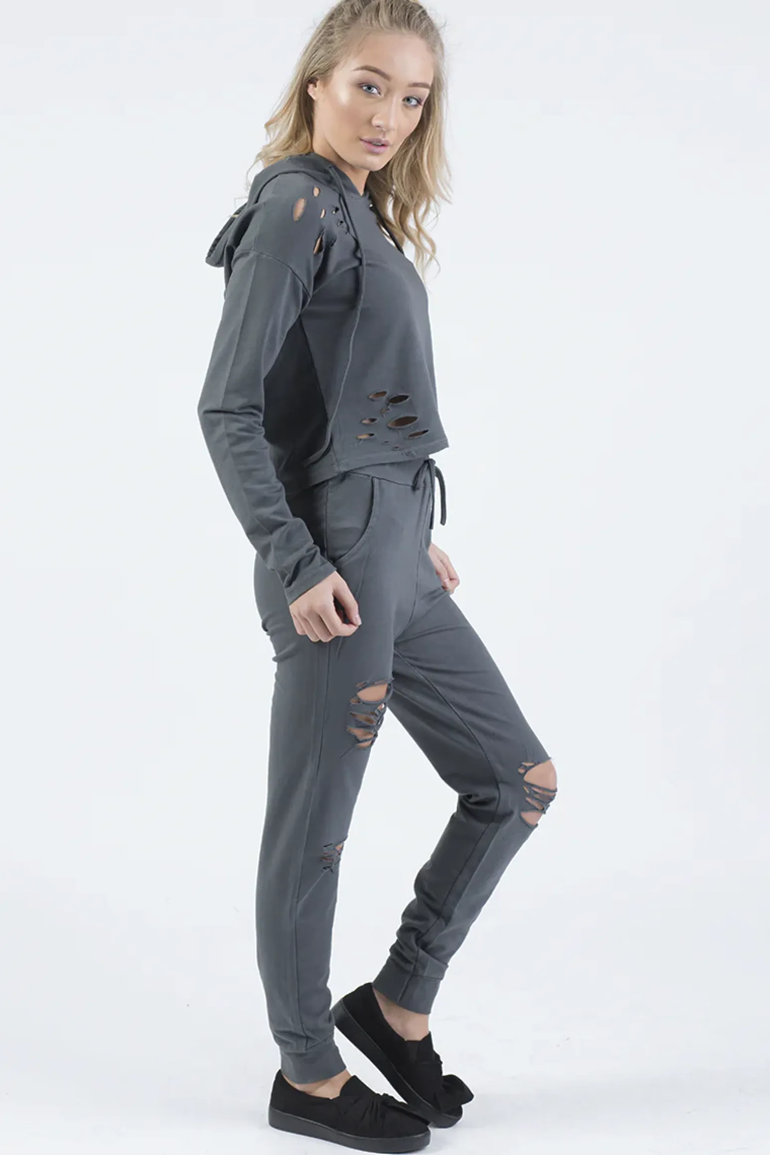 Rebellious Fashion Charcoal Distressed Hoodie Tracksuit - Mollie