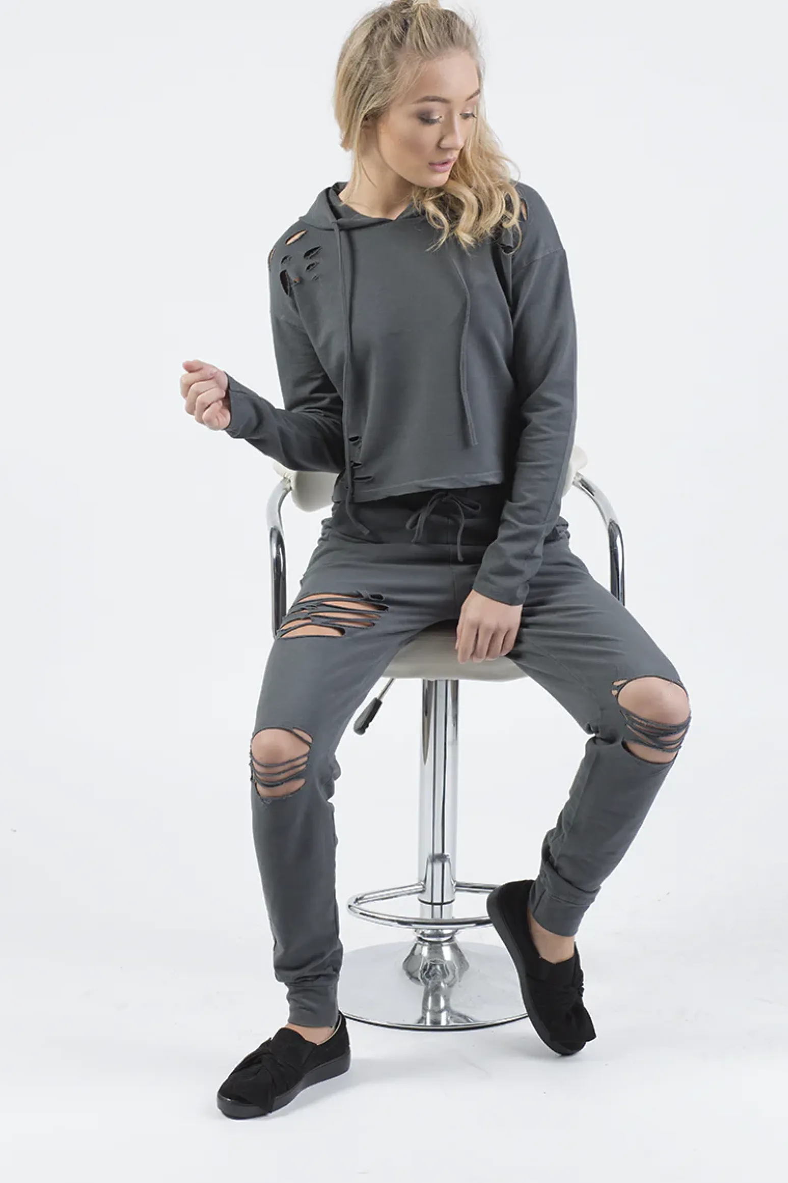 Rebellious Fashion Charcoal Distressed Hoodie Tracksuit - Mollie