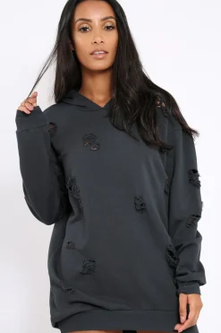 Rebellious Fashion Charcoal Distressed Oversized Hoodie - Khloe