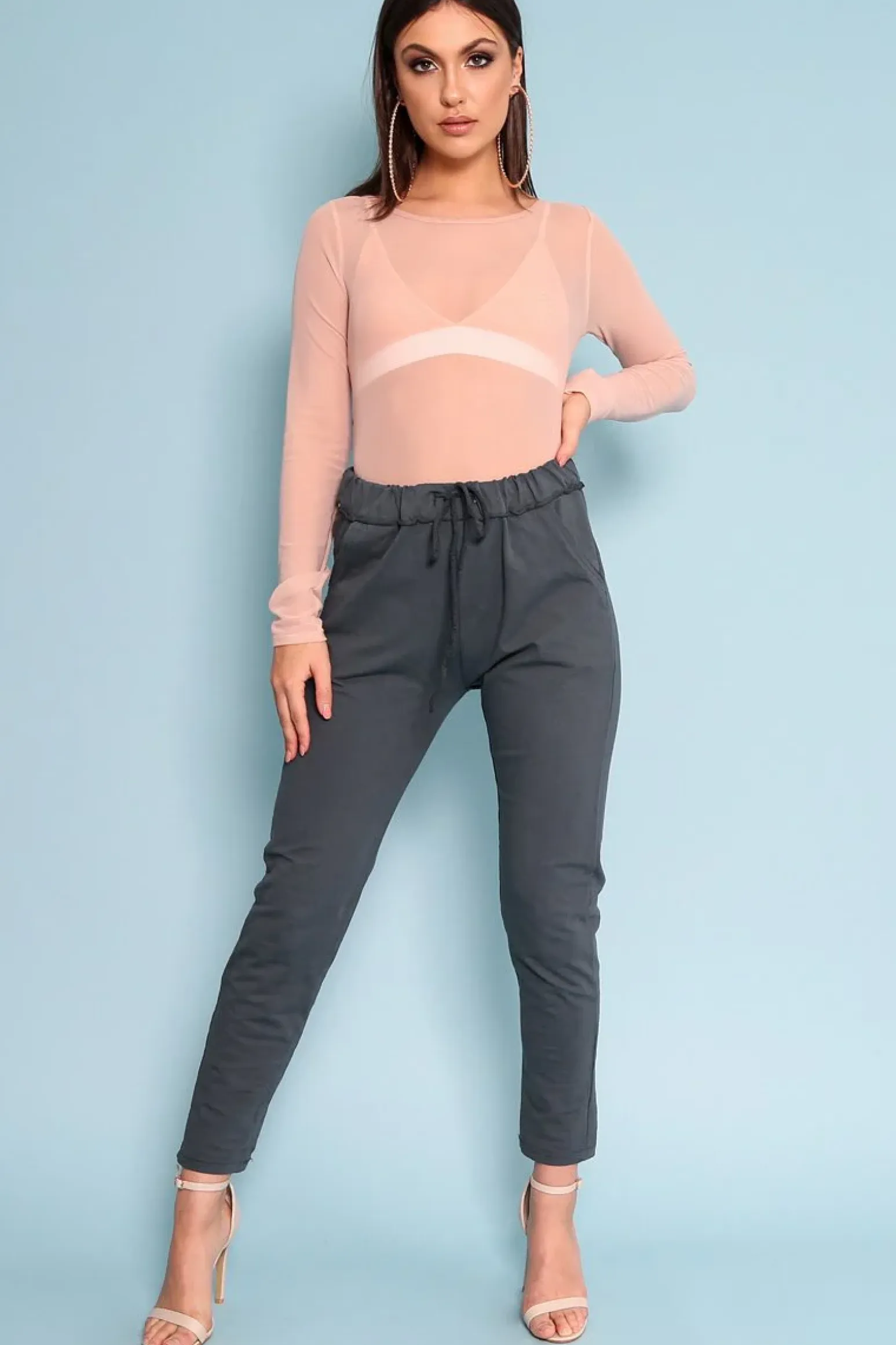 Rebellious Fashion Charcoal Elasticated Tie Waist Joggers - Cerena