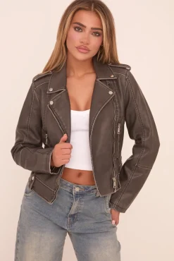 Rebellious Fashion Charcoal Faux Leather Longline Biker Jacket - Chelsea