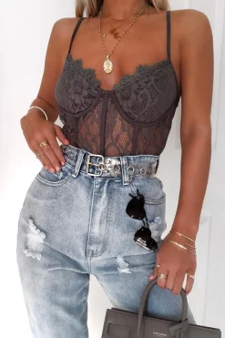 Rebellious Fashion Charcoal Lace Flower Bodysuit - Faylen