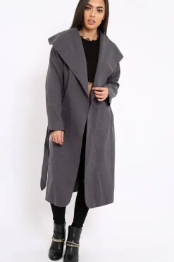Rebellious Fashion Charcoal Long Length Waterfall Belted Coat - Cindy