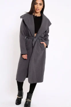 Rebellious Fashion Charcoal Long Length Waterfall Belted Coat - Cindy