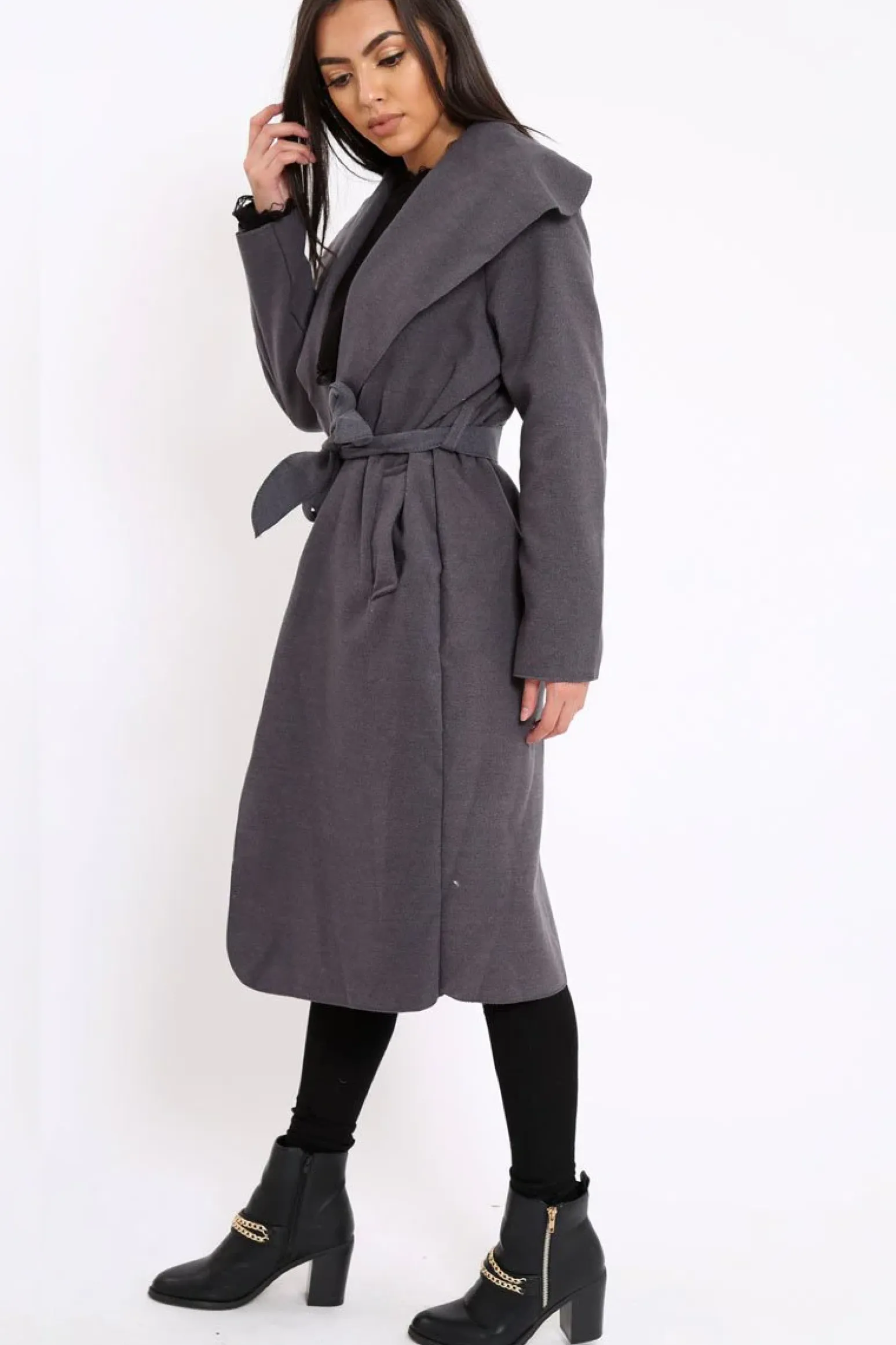 Rebellious Fashion Charcoal Long Length Waterfall Belted Coat - Cindy