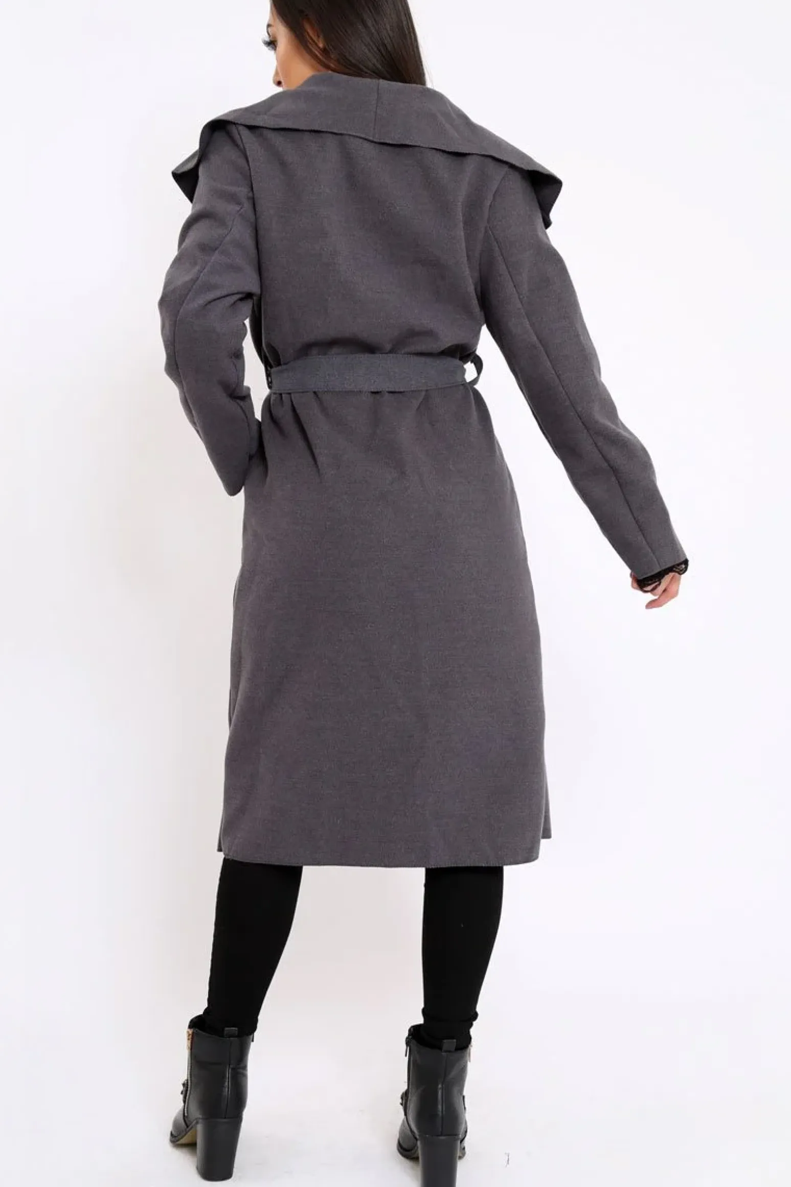 Rebellious Fashion Charcoal Long Length Waterfall Belted Coat - Cindy