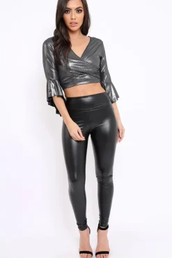 Rebellious Fashion Charcoal Metallic Plunge Bell Sleeve Crop Top - Merla