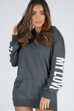 Rebellious Fashion Charcoal 'My Love' Slogan Oversized Hoodie - Tish