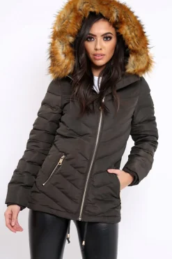 Rebellious Fashion Charcoal Padded Coat With Faux Fur Trim Hood - Jocelyn