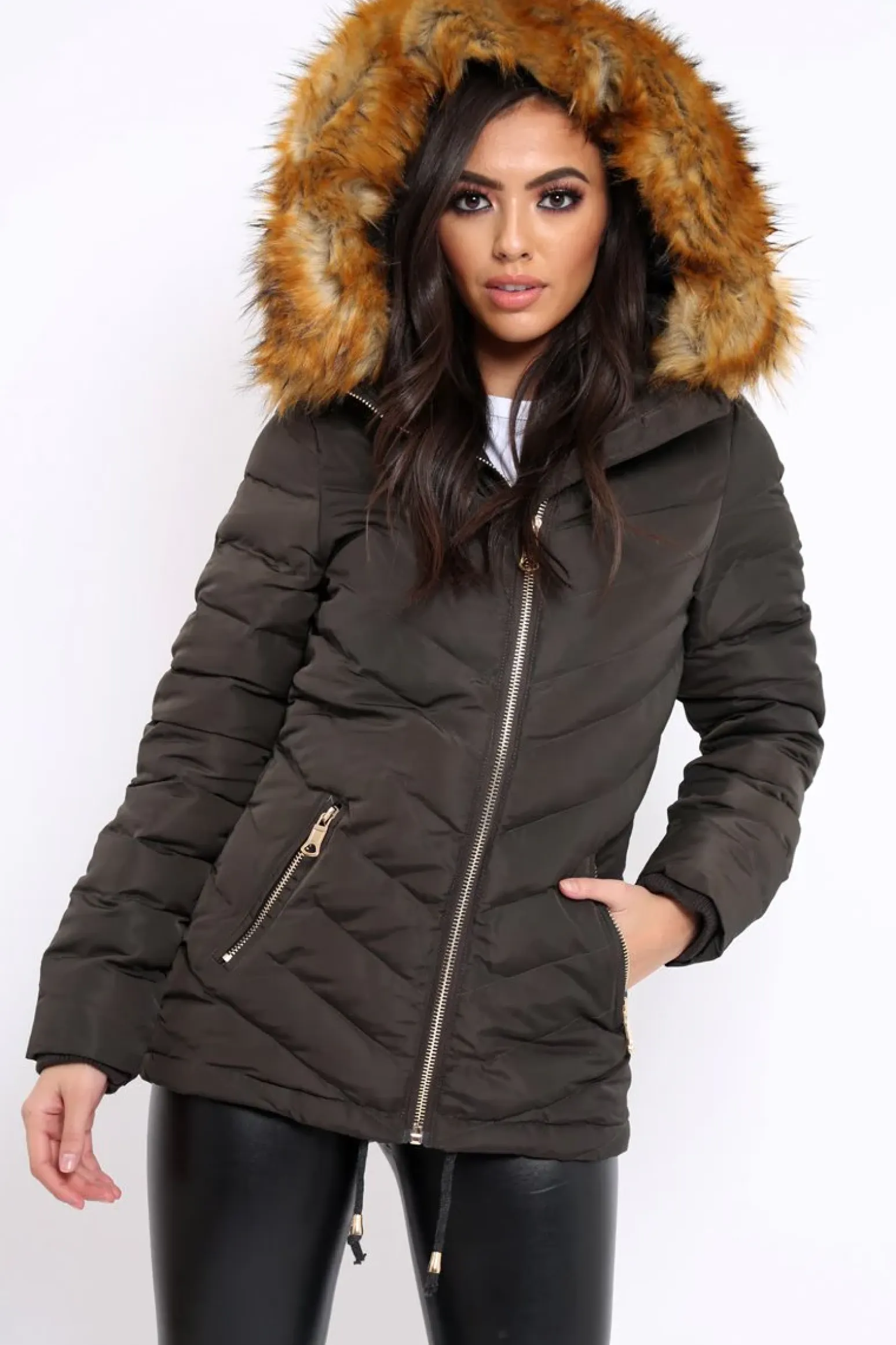 Rebellious Fashion Charcoal Padded Coat With Faux Fur Trim Hood - Jocelyn