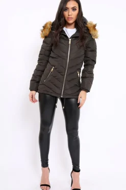 Rebellious Fashion Charcoal Padded Coat With Faux Fur Trim Hood - Jocelyn