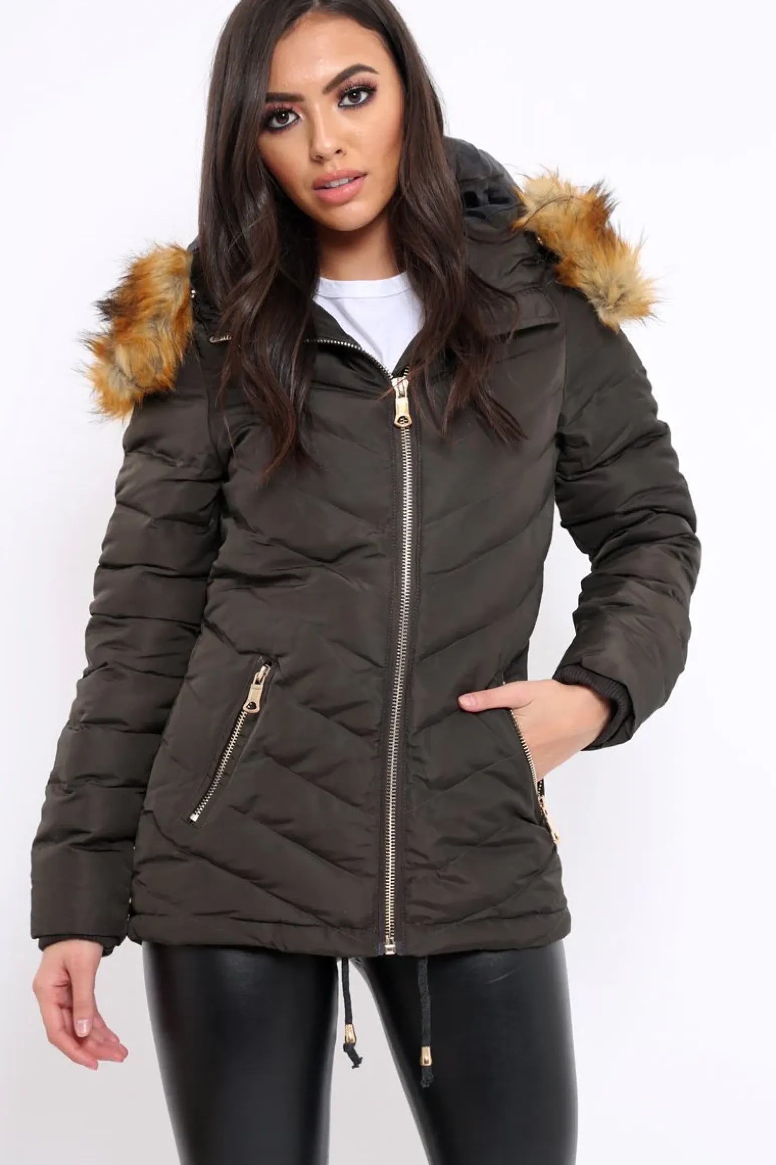Rebellious Fashion Charcoal Padded Coat With Faux Fur Trim Hood - Jocelyn