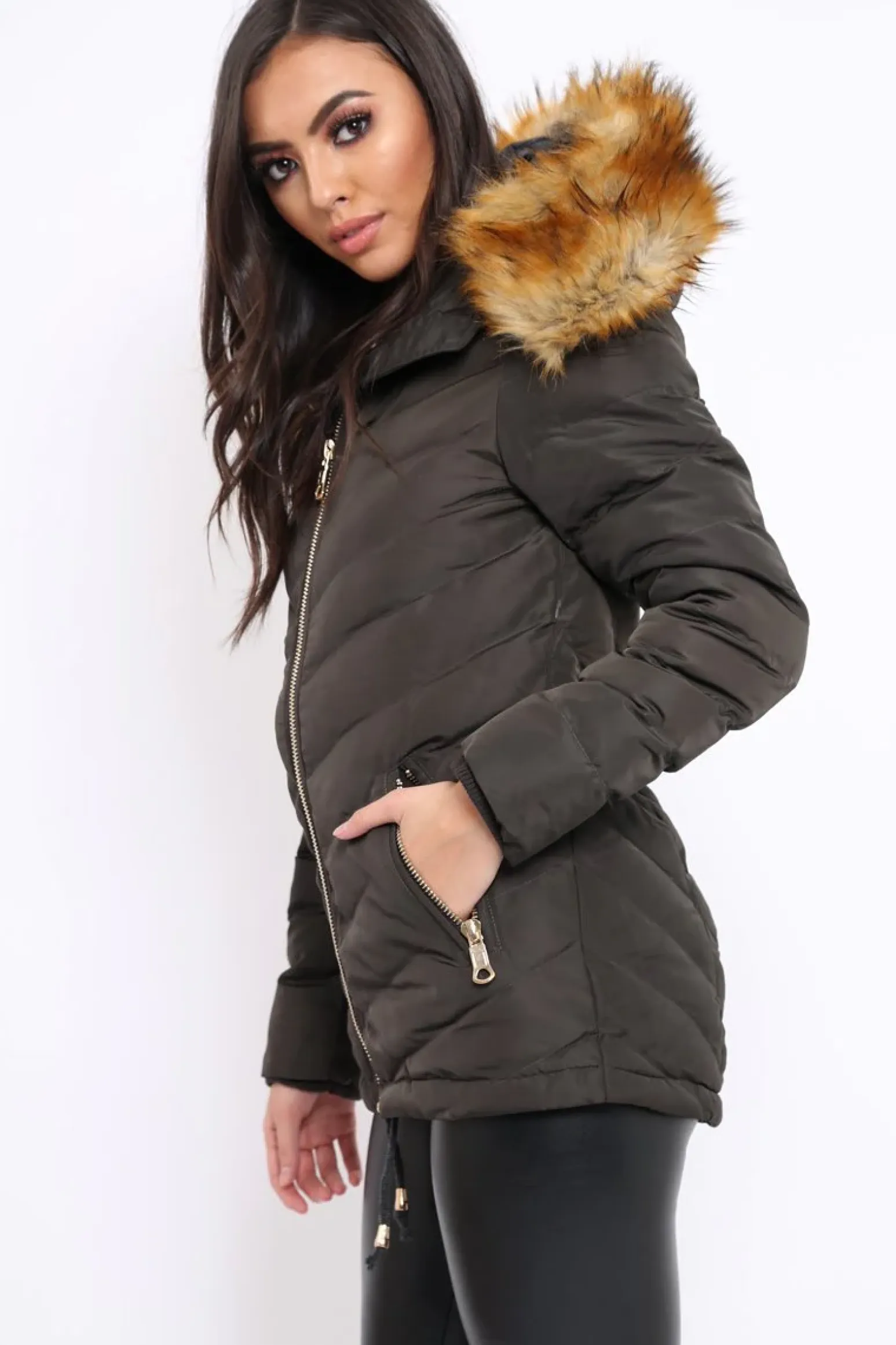 Rebellious Fashion Charcoal Padded Coat With Faux Fur Trim Hood - Jocelyn