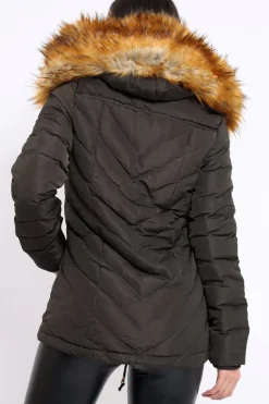 Rebellious Fashion Charcoal Padded Coat With Faux Fur Trim Hood - Jocelyn