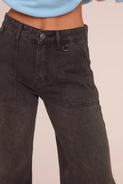 Rebellious Fashion Charcoal Pocket Detail Wide Leg Jeans - Andrea