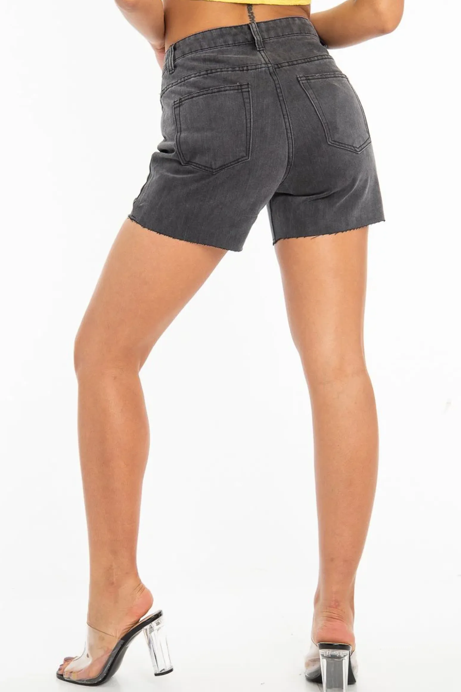 Rebellious Fashion Charcoal Raw Hem High Waist Denim Shorts - Atlanta