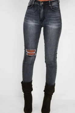 Rebellious Fashion Charcoal Ripped Knee Skinny Jeans - Emerlee