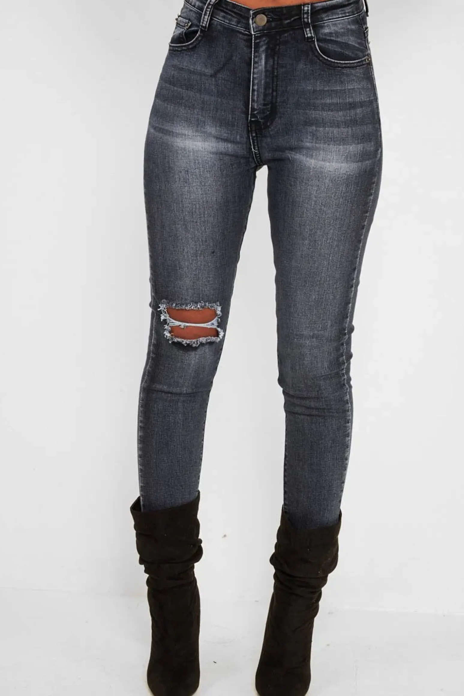 Rebellious Fashion Charcoal Ripped Knee Skinny Jeans - Emerlee
