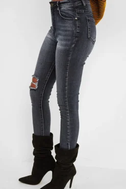 Rebellious Fashion Charcoal Ripped Knee Skinny Jeans - Emerlee
