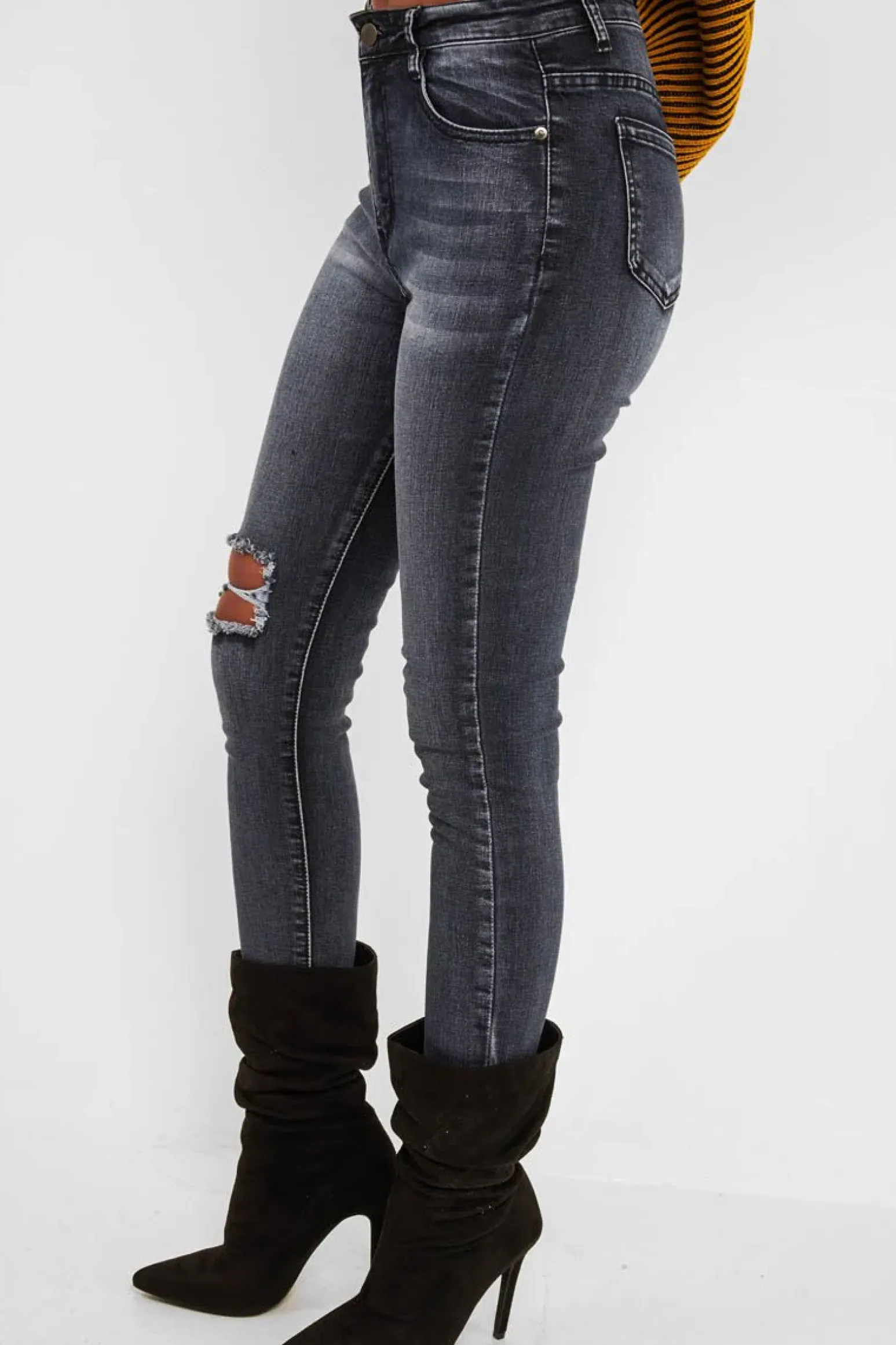 Rebellious Fashion Charcoal Ripped Knee Skinny Jeans - Emerlee