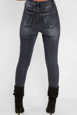 Rebellious Fashion Charcoal Ripped Knee Skinny Jeans - Emerlee