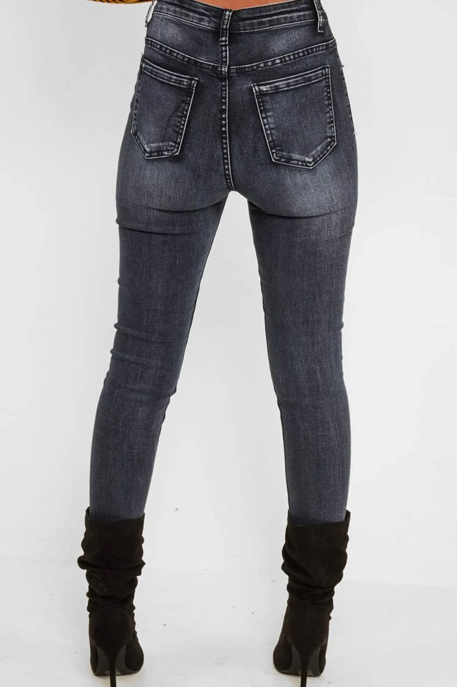 Rebellious Fashion Charcoal Ripped Knee Skinny Jeans - Emerlee