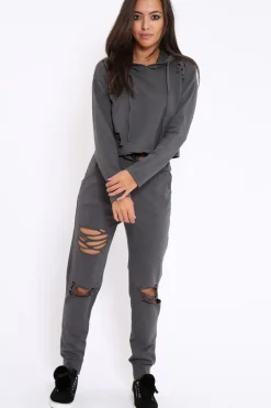 Rebellious Fashion Charcoal Ripped Loungewear Set - Natalia