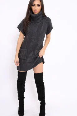 Rebellious Fashion Charcoal Roll Neck Jumper Dress - Catrina