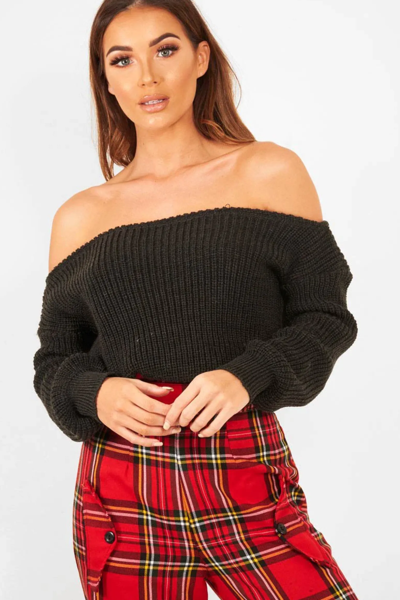 Rebellious Fashion Charcoal Slash Neck Knitted Jumper - Alessia