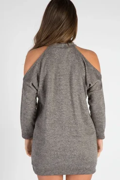 Rebellious Fashion Charcoal Soft Cold Shoulder Jumper Dress - Tina