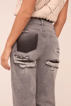 Rebellious Fashion Charcoal Stretch Distressed Mid Waist Straight Leg Jeans - Annette