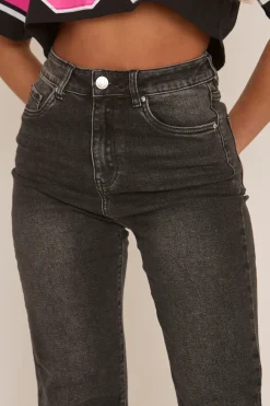 Rebellious Fashion Charcoal Stretch Straight Leg Frayed Hem Jeans - Scarlett