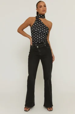 Rebellious Fashion Charcoal Wash Asymmetric Waist Wide Leg Jeans - Christi