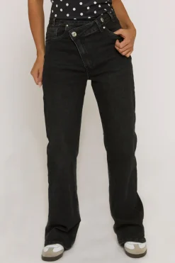 Rebellious Fashion Charcoal Wash Asymmetric Waist Wide Leg Jeans - Christi