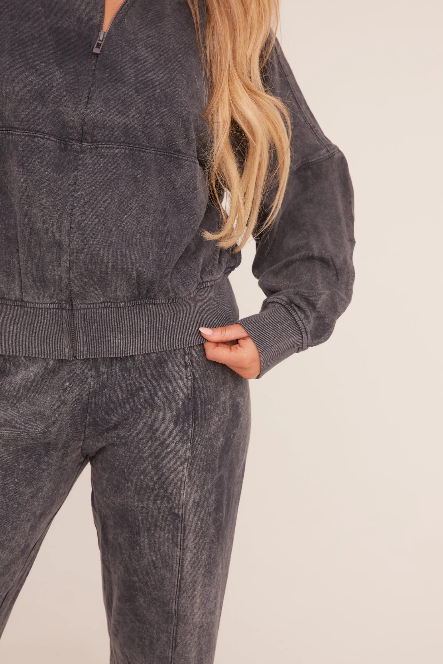 Rebellious Fashion Charcoal Washed Effect Zip Front Bomber & Joggers Loungewear Co-ord Set - Kamila