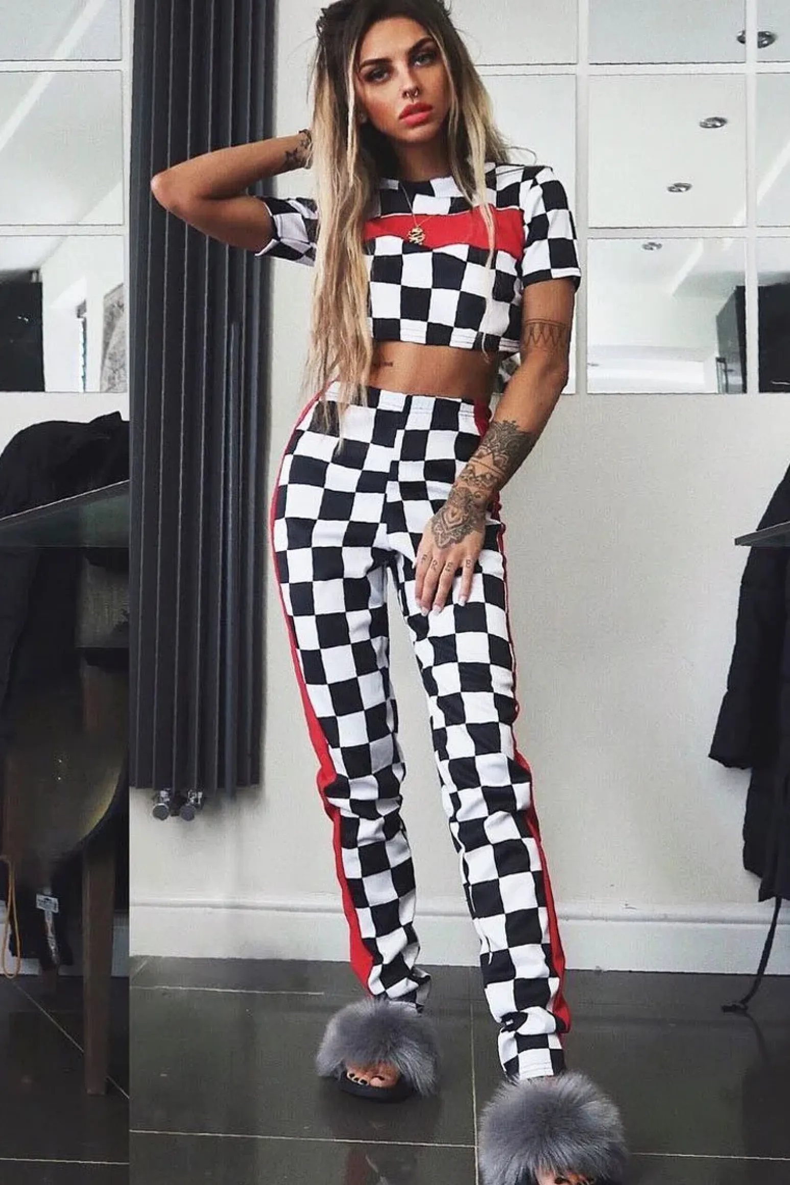 Rebellious Fashion Checker Board and Red Contrast Stripe Co-ord - Tianie