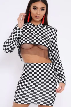 Rebellious Fashion Checker Board Print Hooded Crop Top and Skirt Co - ord - Braelyn
