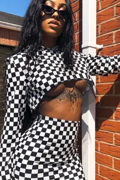 Rebellious Fashion Checker Board Print Hooded Crop Top and Skirt Co - ord - Braelyn