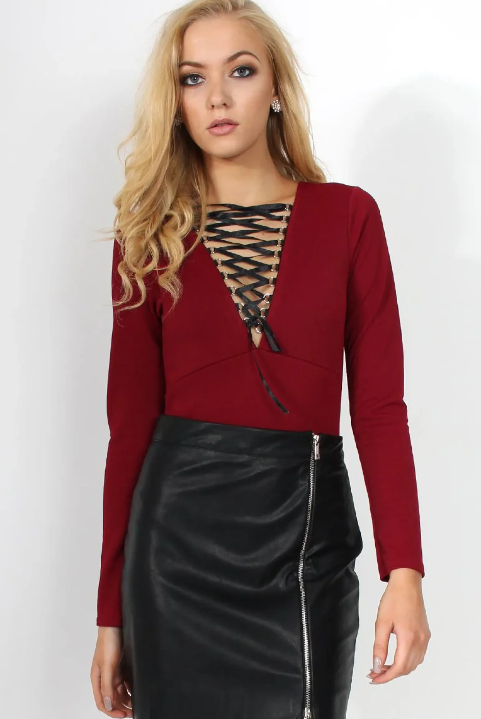 Rebellious Fashion Cheryl Wine Tie Up Long Sleeved Bodysuit